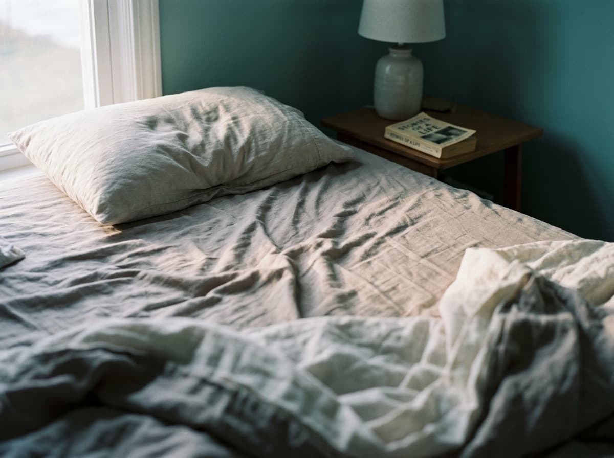Rumpled sheets in the first light of dawn through a window.