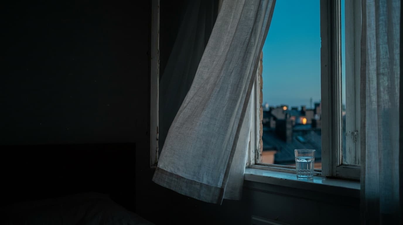 Una ventana abierta de madrugada: cortina de lino movida por la brisa, un vaso de agua en el alféizar y tejados de una ciudad en penumbra al fondo. Imagen creada con IA.